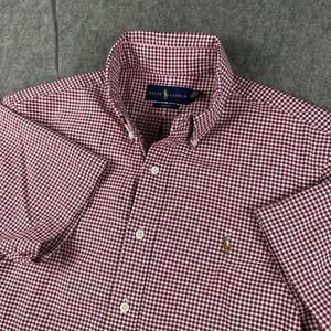 Ralph‎ Lauren Slim Fit Shirt Men Medium Short Sleeve Red Plaid Flesh Pony Preppy